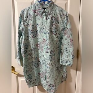 NEW? Lands' End Women's Floral Shirt Iron Supima Buttons down Light Blue Sz 14T